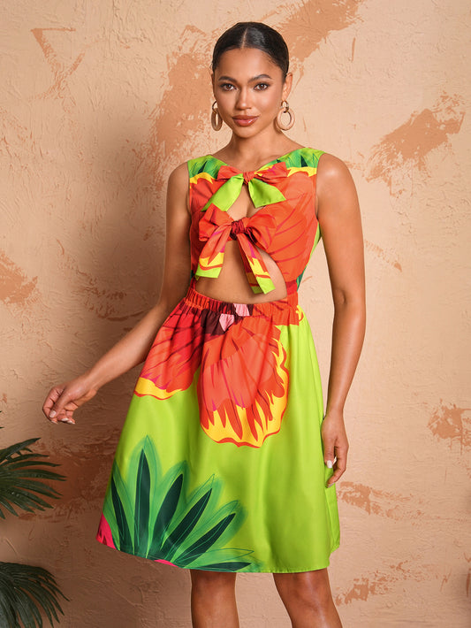 BELANGE HANDMADE x SHEIN - Bow Tie Strap Elastic Waist Print Dress- Available on SHEIN.COM Only