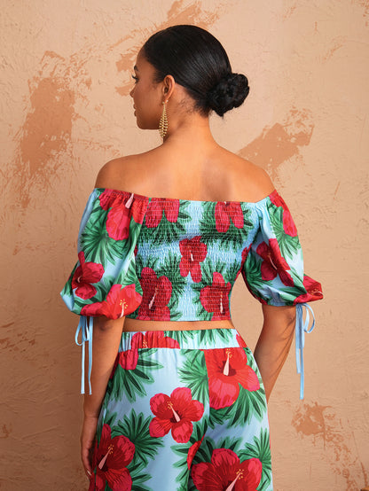 BELANGE HANDMADE x SHEIN - Off-Shoulder Floral Print Bubble Sleeve Top With Square Neckline - Available on SHEIN.COM Only