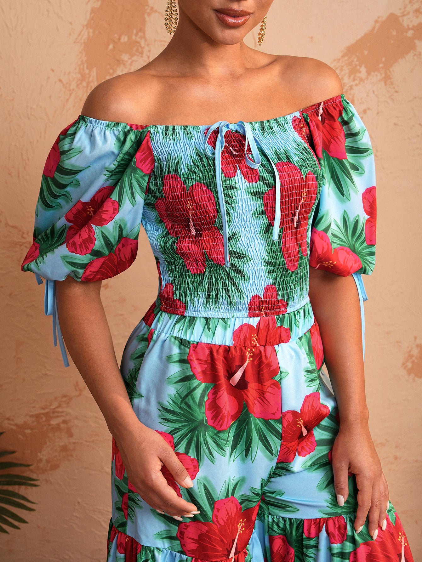 BELANGE HANDMADE x SHEIN - Off-Shoulder Floral Print Bubble Sleeve Top With Square Neckline - Available on SHEIN.COM Only
