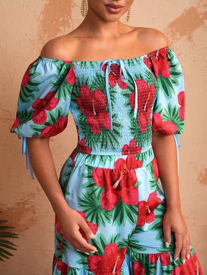 BELANGE HANDMADE x SHEIN - Off-Shoulder Floral Print Bubble Sleeve Top With Square Neckline - Available on SHEIN.COM Only