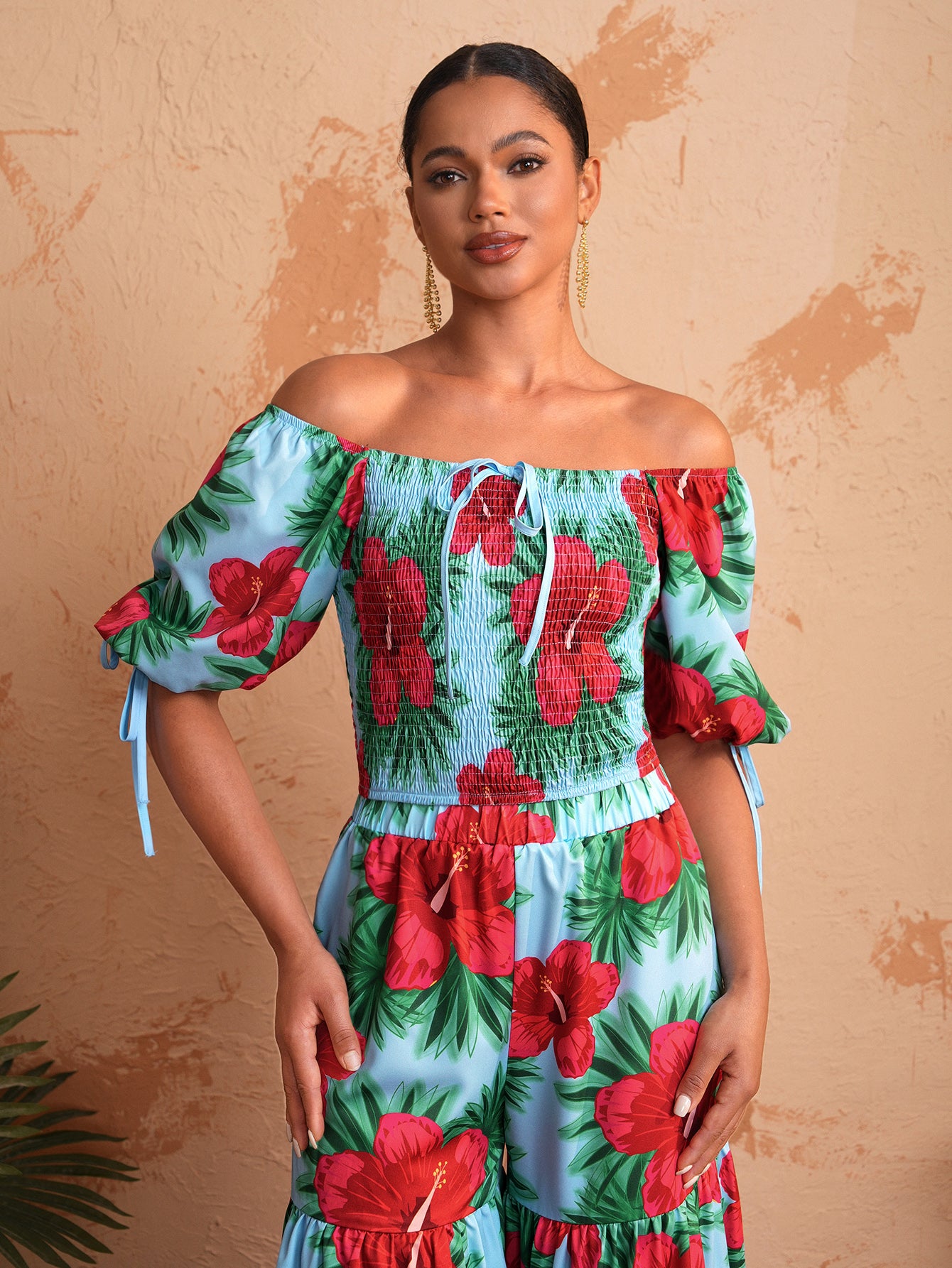 BELANGE HANDMADE x SHEIN - Off-Shoulder Floral Print Bubble Sleeve Top With Square Neckline - Available on SHEIN.COM Only
