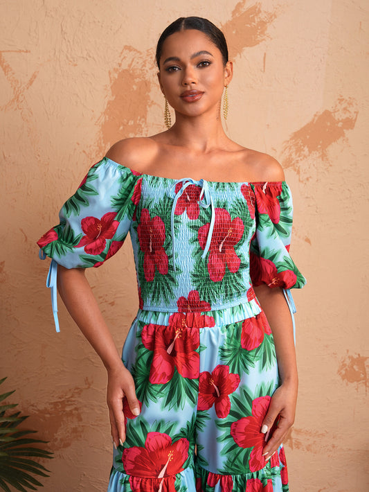 BELANGE HANDMADE x SHEIN - Off-Shoulder Floral Print Bubble Sleeve Top With Square Neckline - Available on SHEIN.COM Only