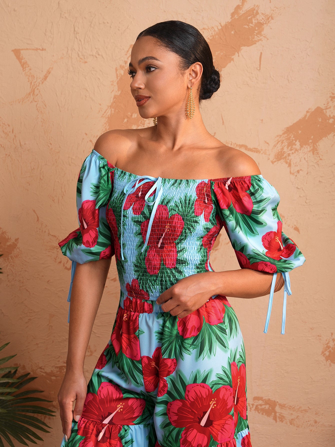 BELANGE HANDMADE x SHEIN - Off-Shoulder Floral Print Bubble Sleeve Top With Square Neckline - Available on SHEIN.COM Only