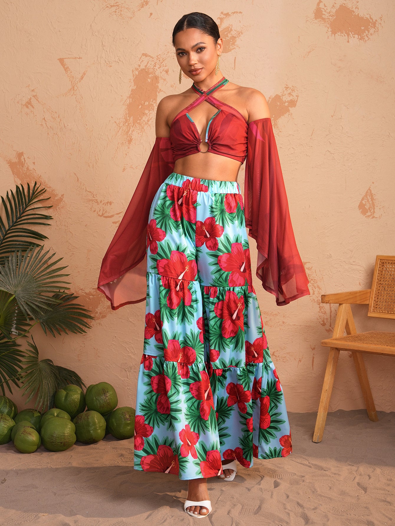BELANGE HANDMADE x SHEIN - Hollow Circle Shoulder Strap Bell Sleeve Top- Available on SHEIN.COM Only