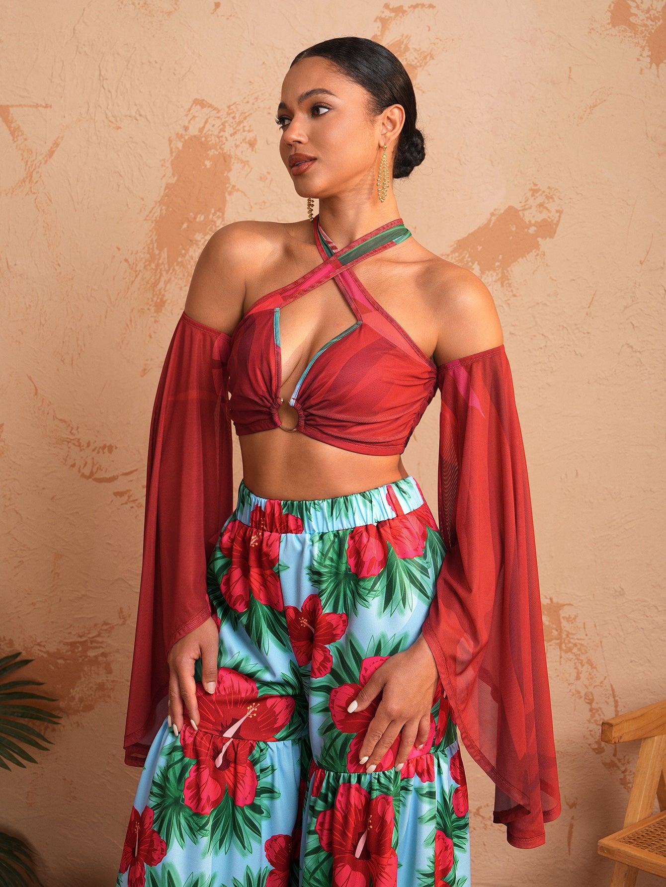 BELANGE HANDMADE x SHEIN - Hollow Circle Shoulder Strap Bell Sleeve Top- Available on SHEIN.COM Only