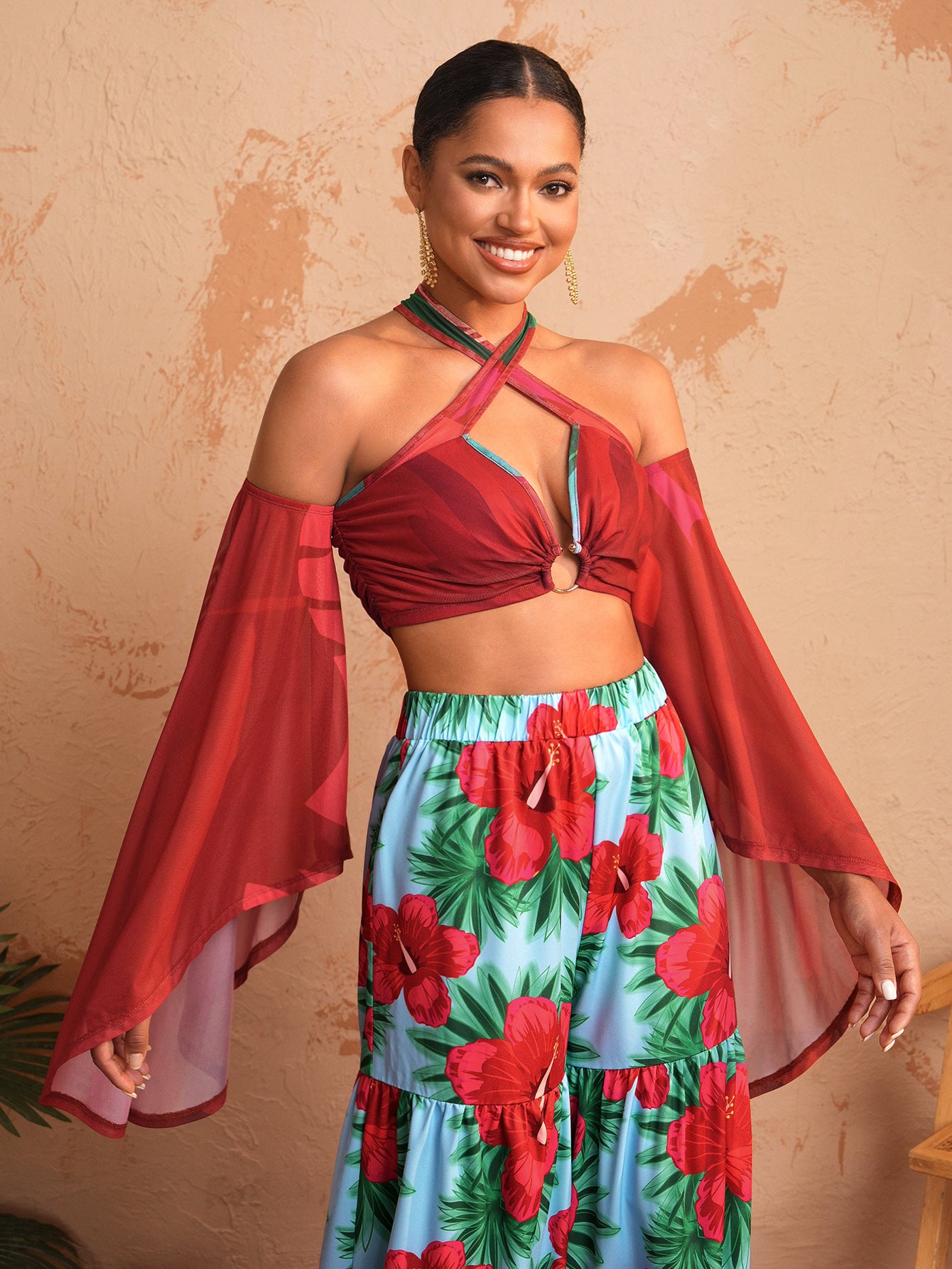 BELANGE HANDMADE x SHEIN - Hollow Circle Shoulder Strap Bell Sleeve Top- Available on SHEIN.COM Only