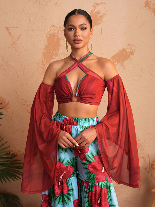 BELANGE HANDMADE x SHEIN - Hollow Circle Shoulder Strap Bell Sleeve Top- Available on SHEIN.COM Only