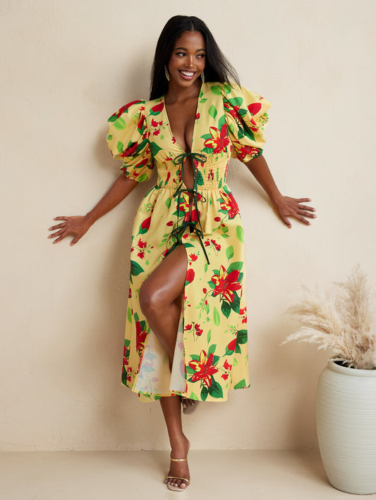 Turning Heads - BELANGE HANDMADE x SHEIN - Floral Print Puff Short Sleeves Smocked Bow Slit Knee Dress Women Vacation Holiday Outfit- Available on SHEIN.COM