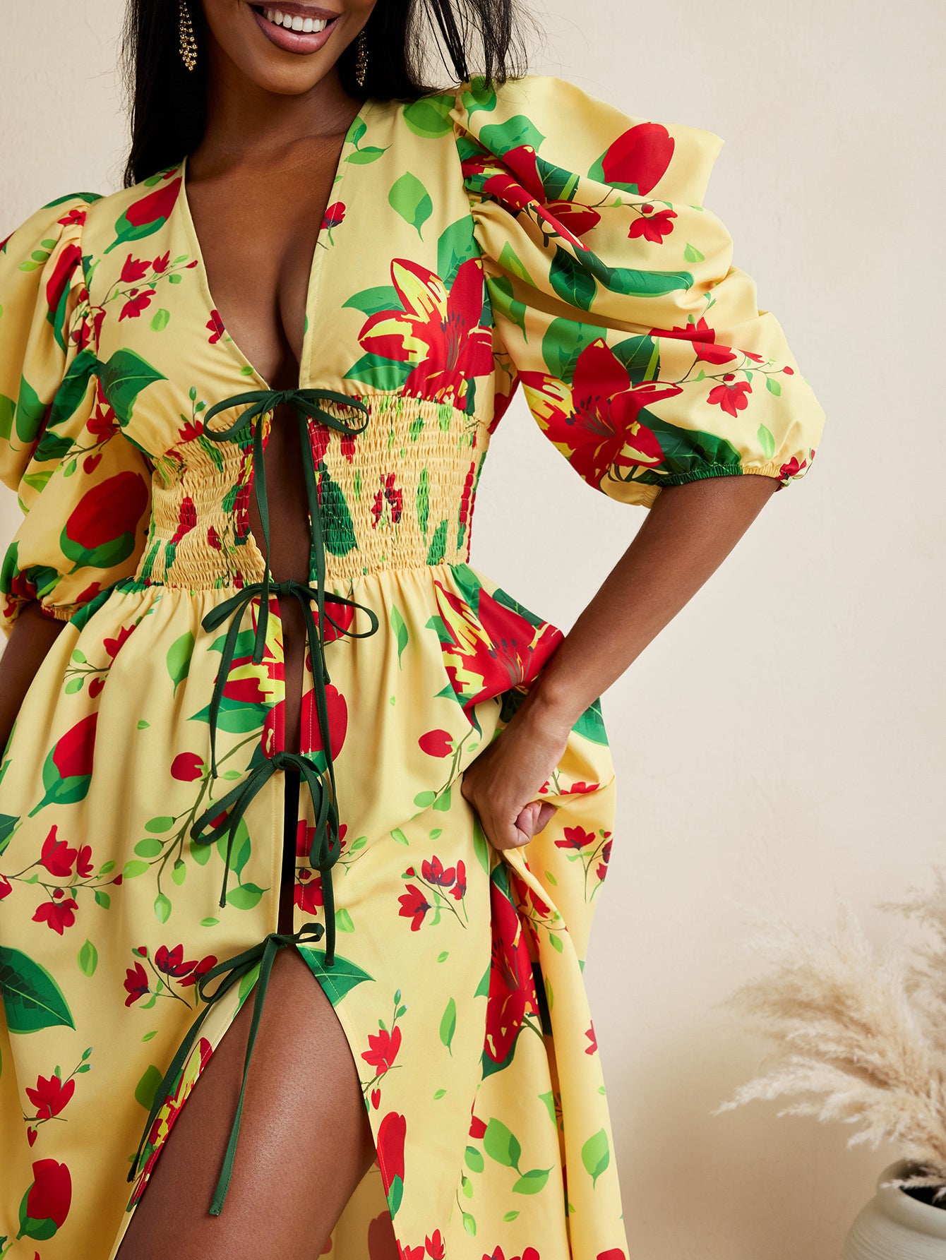 Turning Heads - BELANGE HANDMADE x SHEIN - Floral Print Puff Short Sleeves Smocked Bow Slit Knee Dress Women Vacation Holiday Outfit- Available on SHEIN.COM