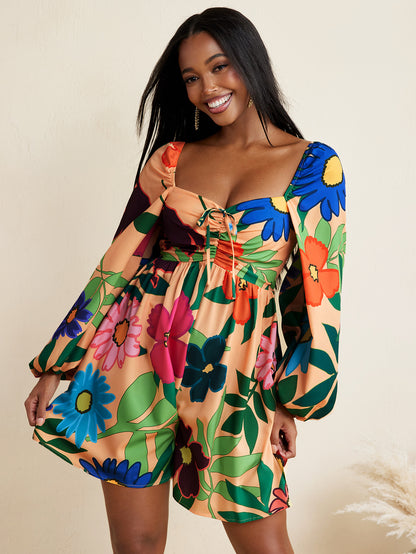 Beach Ready #2 - BELANGE HANDMADE x SHEIN - Floral Print Flared Long Sleeves Bow Romper Vacation Holiday Beach- Available on SHEIN.COM